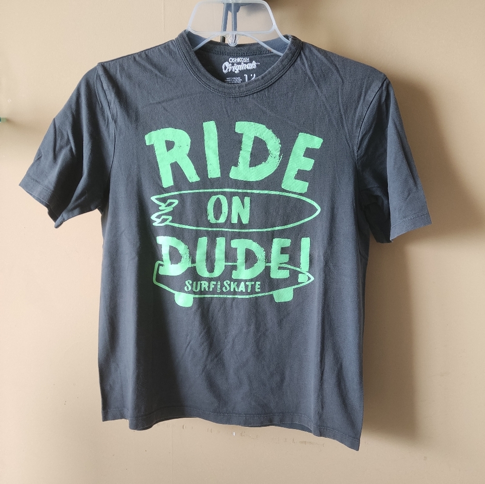 Oshkosh Originals Dark Gray Tee with Neon Green Surf Print Size 12